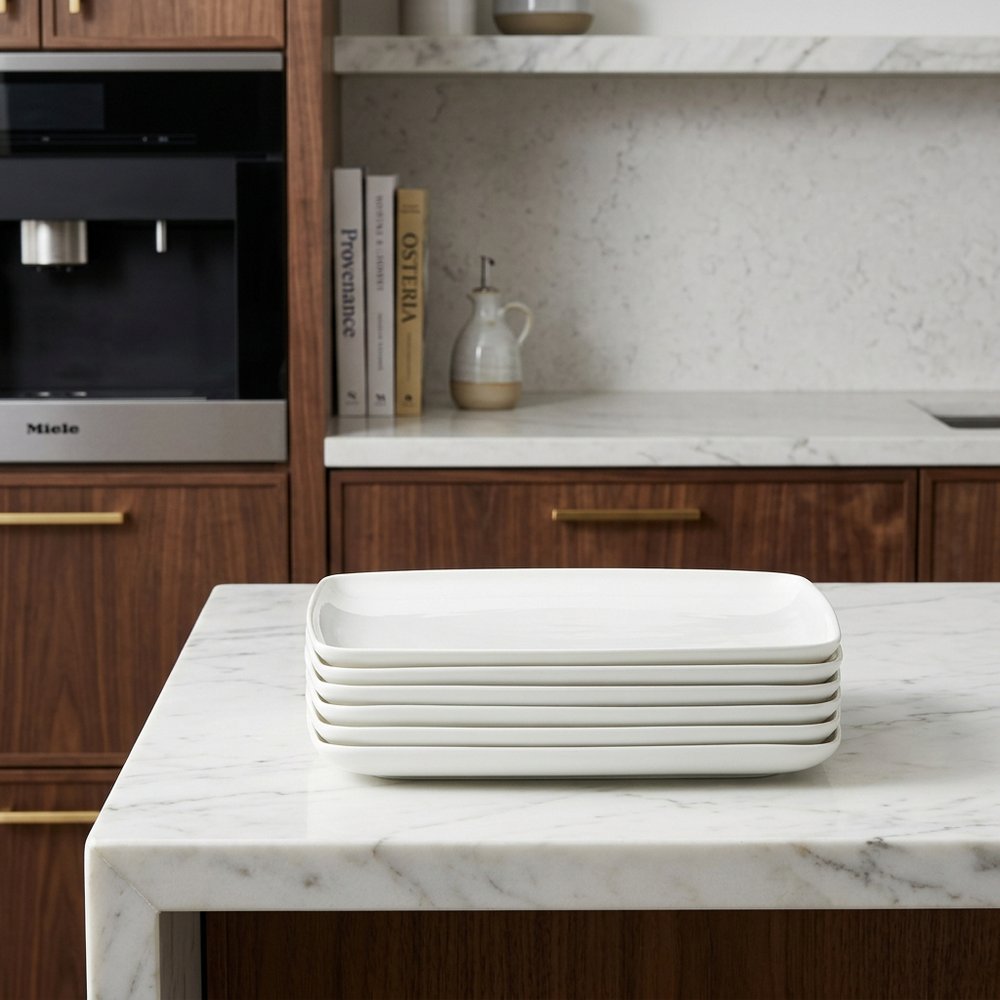 White Six Piece Rectangle Porcelain Service For Six Dinner Plate Set