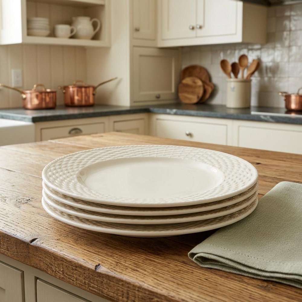 White Four Piece Round Weave Stoneware Service For Four Salad Plate Set