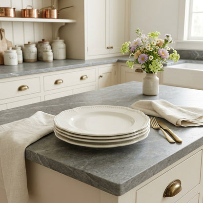 White Four Piece Round Scallop Stoneware Service For Four Salad Plate Set