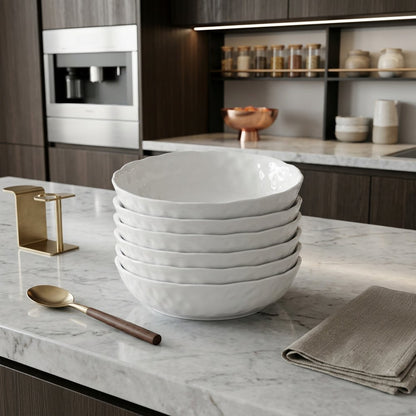 White Six Piece Round Pebbled Porcelain Service For Six Bowl Set