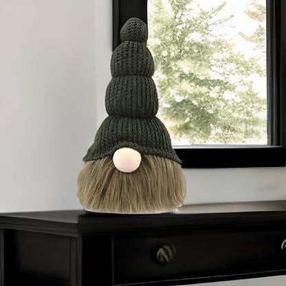 14" Green Chunky Knit Hat Fabric Sitting Gnome Sculpture