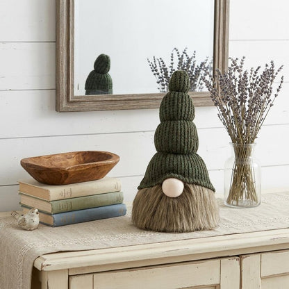 14" Green Chunky Knit Hat Fabric Sitting Gnome Sculpture
