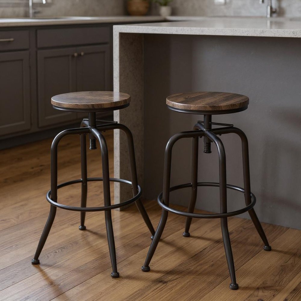 Set of Two Brown And Black Solid Wood And Steel Swivel Backless Counter Height Bar Chairs