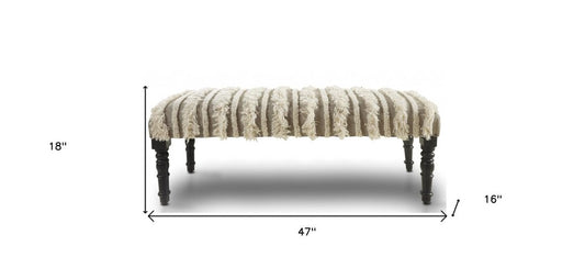47" Cream And Black Striped Cotton Blend And Solid Wood Upholstered Bench