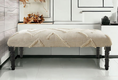 47" Cream and Black Cotton Upholstered Geometric Bench