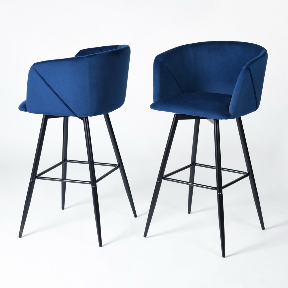 Set of Two 28" Rose And Black Velvet And Steel Low Back Bar Height Bar Chairs