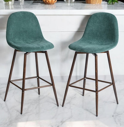 Set of Two 26" Green And Brown Velvet And Steel Counter Height Bar Chairs