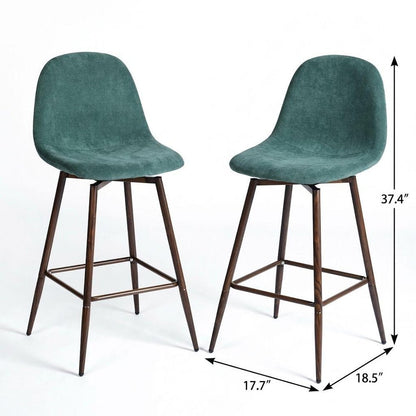 Set of Two 26" Green And Brown Velvet And Steel Counter Height Bar Chairs