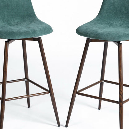 Set of Two 26" Green And Brown Velvet And Steel Counter Height Bar Chairs