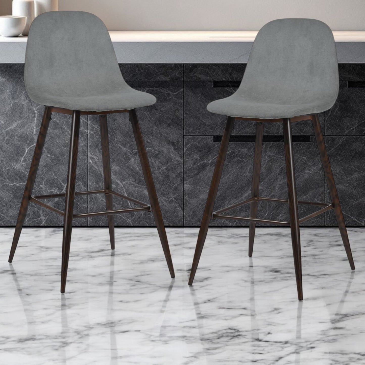 Set of Two 26" Gray And Gold Steel Counter Height Bar Chairs