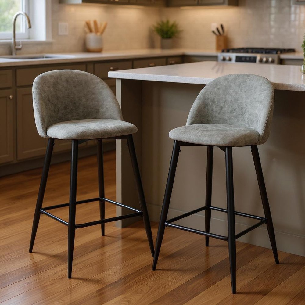 Set of Two 26" Gray And Black Fabric And Steel Low Back Counter Height Bar Chairs