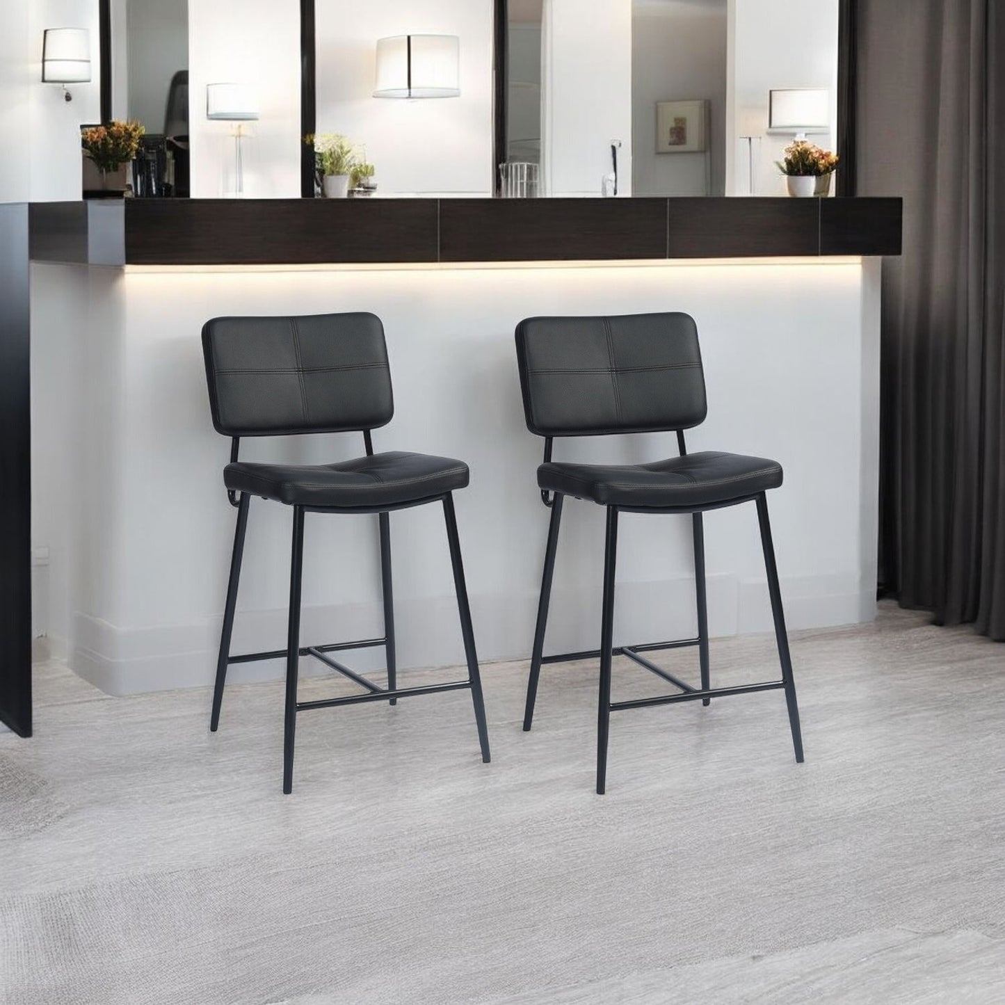 Set Of Two 36" Black Faux Leather Low Back Counter Height Bar Chairs