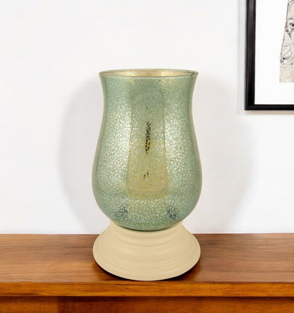 14" Green Glass Centerpiece Hurricane Candle Holder With Candle