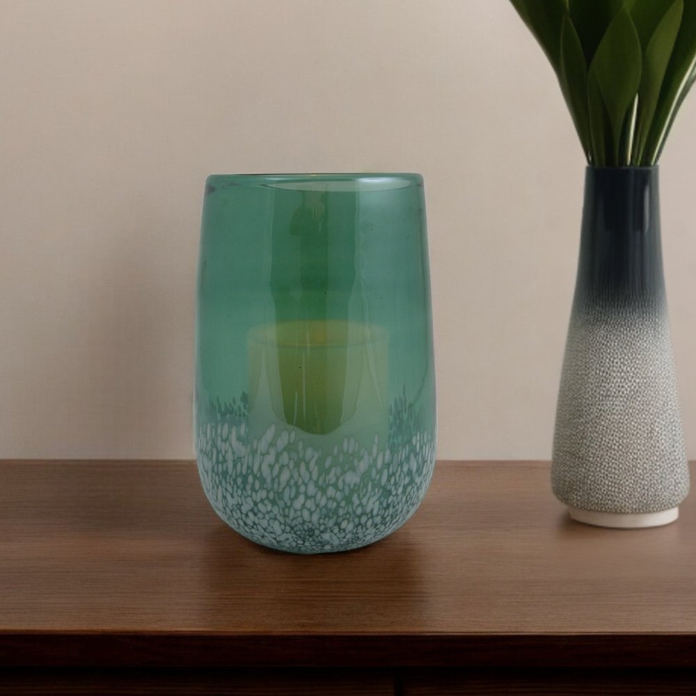 8" Green And White Glass Tabletop Hurricane Candle Holder With Candle