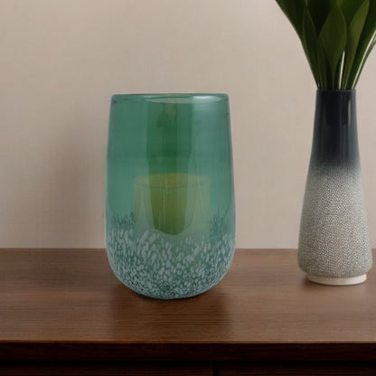 8" Green And White Glass Tabletop Hurricane Candle Holder With Candle