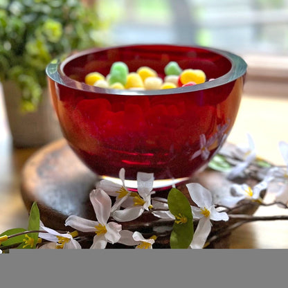 6" Red Mouth Blown Crystal Thick Walled Bowl