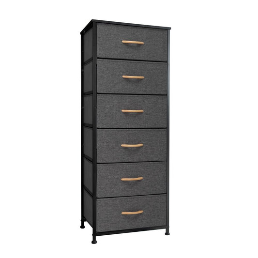 18" Gray And Black Steel And Fabric Six Drawer Dresser