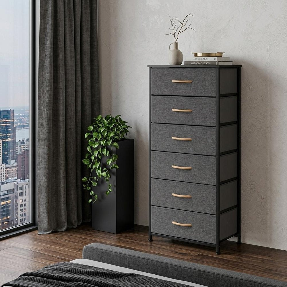 Set Of Six 18" Black And Gray Fabric and Steel Six Drawer Dresser