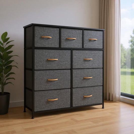 39" Gray and White Steel and Fabric Nine Drawer Triple Dresser