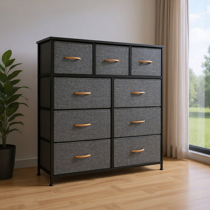 39" Gray and White Steel and Fabric Nine Drawer Triple Dresser
