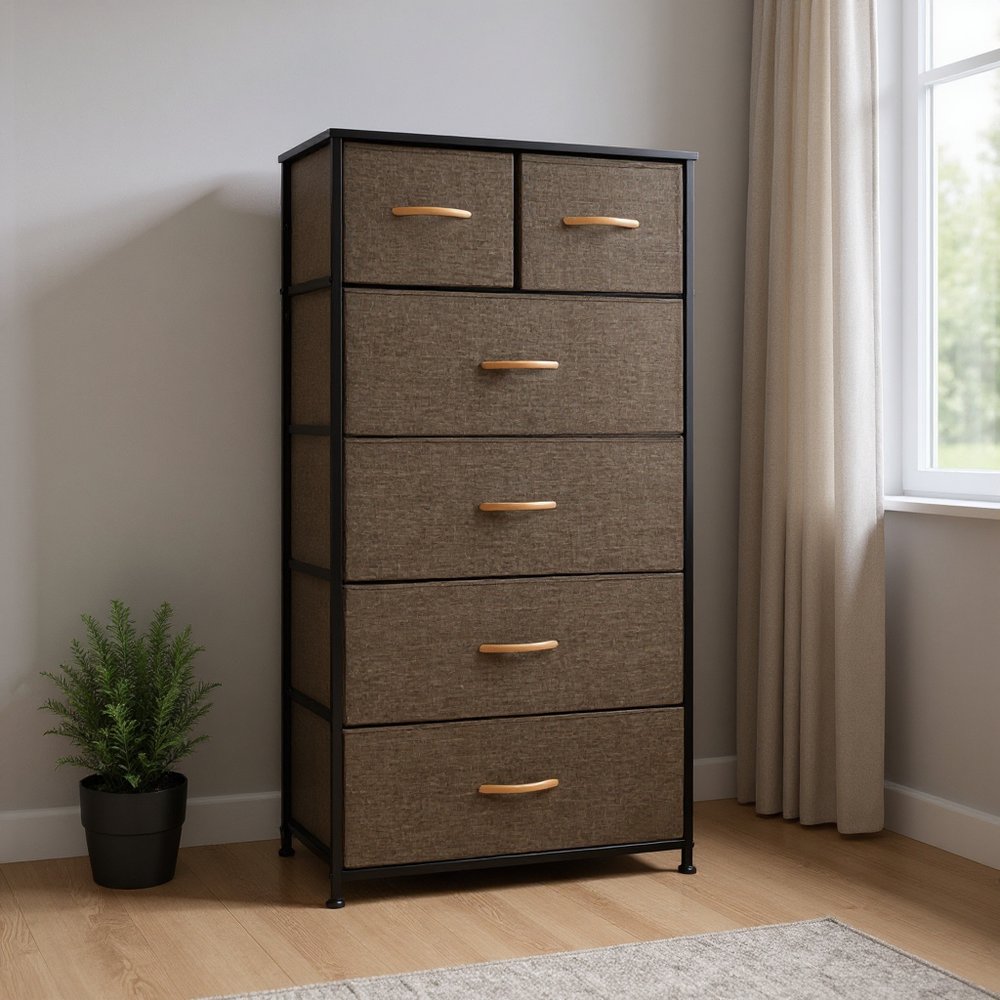 23" Brown Steel and Fabric Six Drawer Combo Dresser
