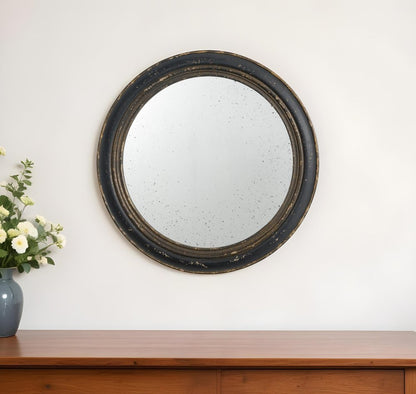 24" Dark Brown Distressed Wood Round Framed Accent Mirror
