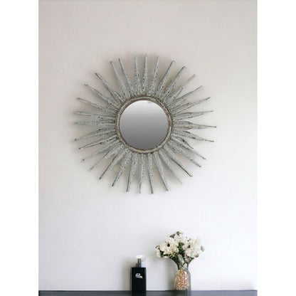 30" Antiqued Silver Gray Sunburst Wall Mounted Accent Mirror