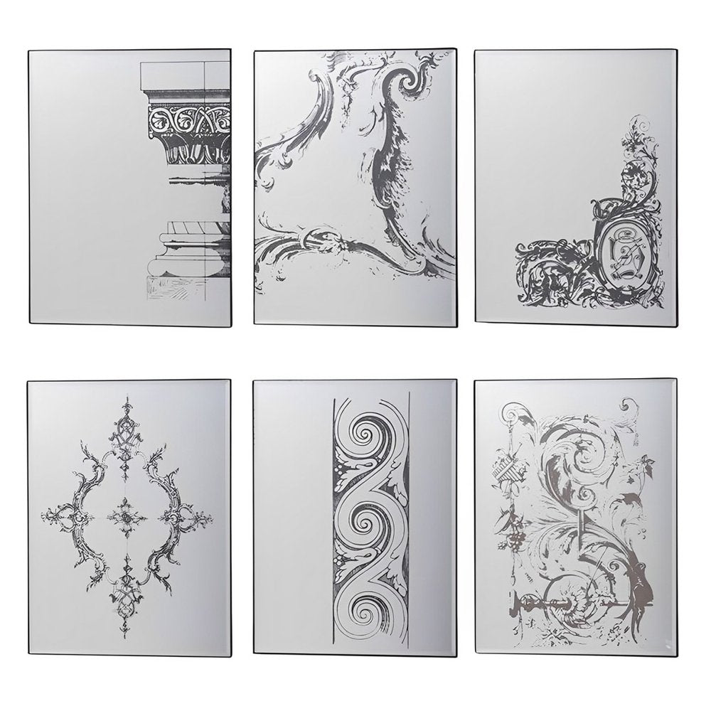 Set of Six Decorative Antiqued Glass Black Metal Framed Mirror Set