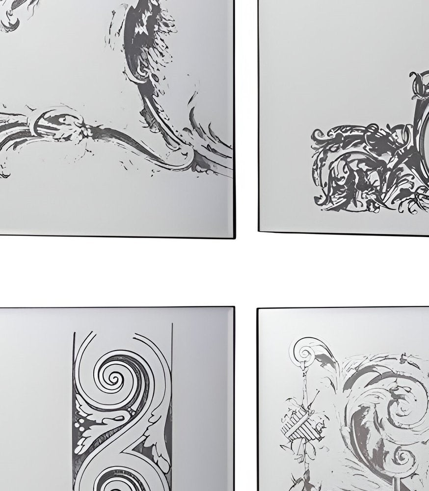 Set of Six Decorative Antiqued Glass Black Metal Framed Mirror Set