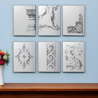 Set of Six Decorative Antiqued Glass Black Metal Framed Mirror Set