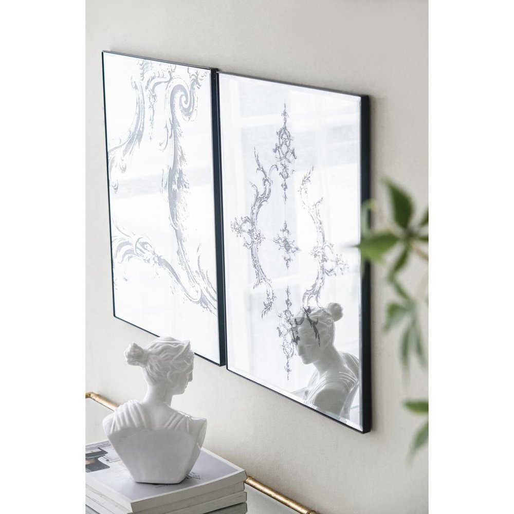 Set of Six Decorative Antiqued Glass Black Metal Framed Mirror Set