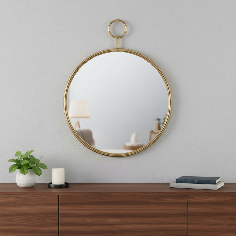 28" Gold Round Iron Framed Accent Mirror