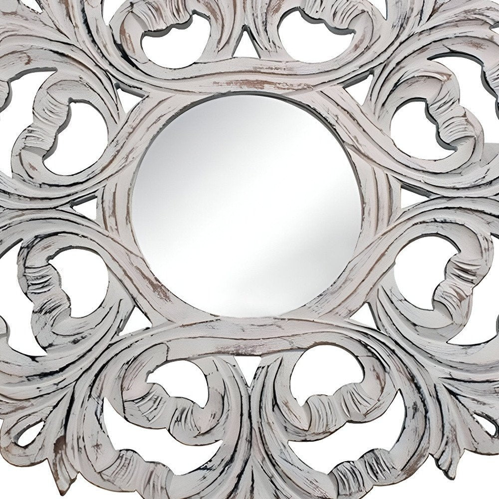 24" White Floral Scrollwork Distressed Round Framed Accent Mirror