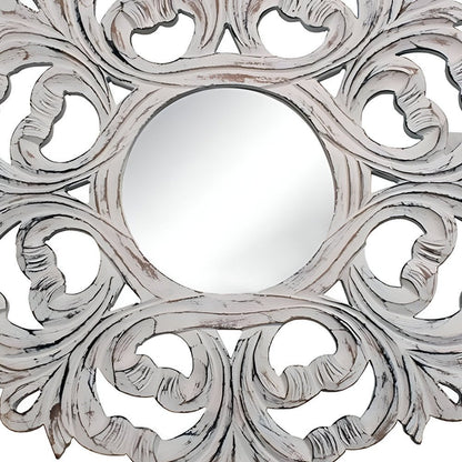 24" White Floral Scrollwork Distressed Round Framed Accent Mirror