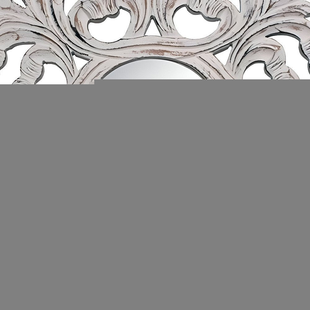 24" White Floral Scrollwork Distressed Round Framed Accent Mirror