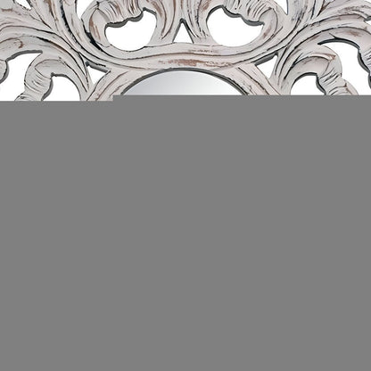 24" White Floral Scrollwork Distressed Round Framed Accent Mirror