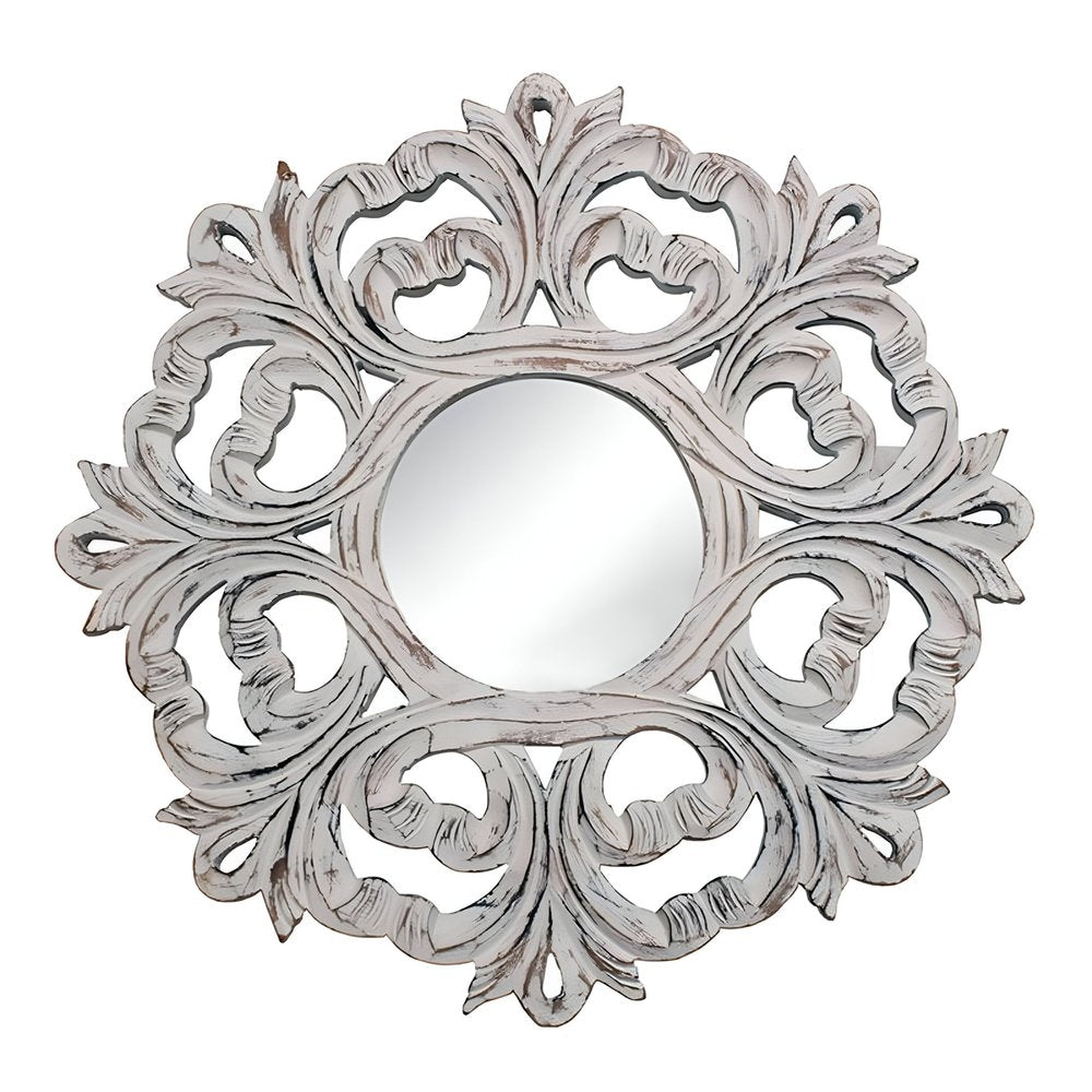 24" White Floral Scrollwork Distressed Round Framed Accent Mirror