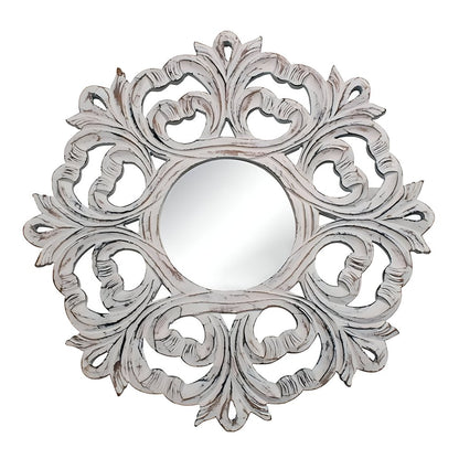 24" White Floral Scrollwork Distressed Round Framed Accent Mirror