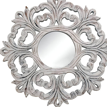 24" White Floral Scrollwork Distressed Round Framed Accent Mirror