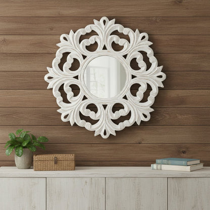 24" White Floral Scrollwork Distressed Round Framed Accent Mirror