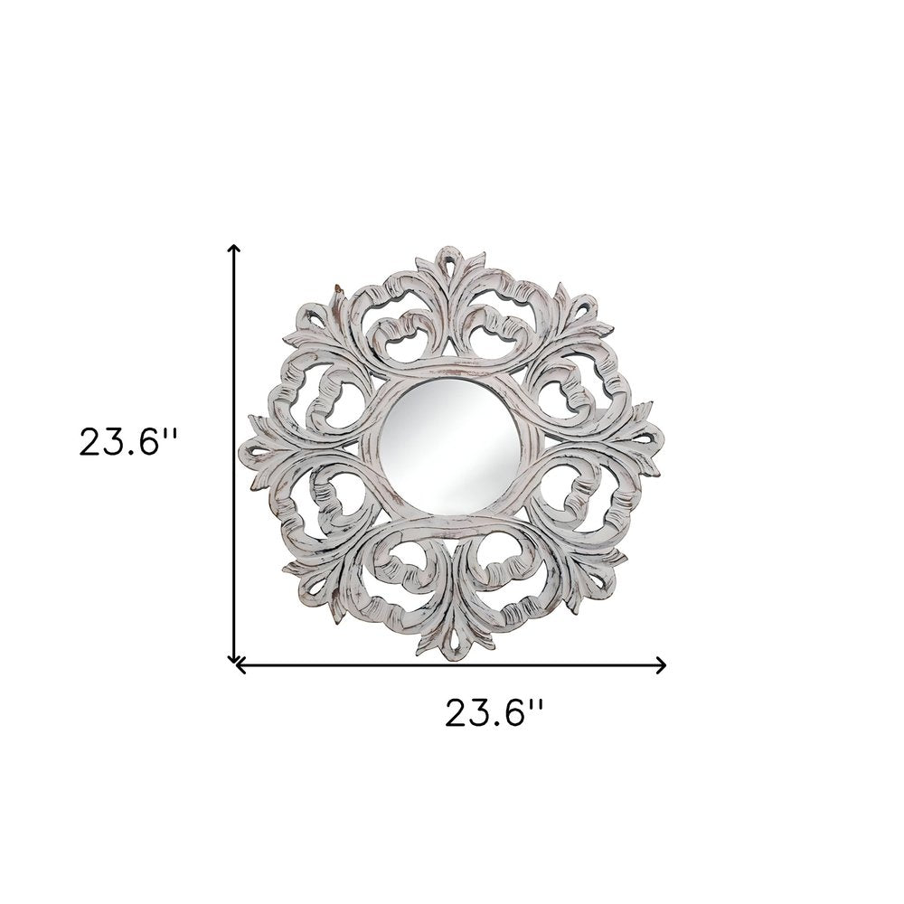 24" White Floral Scrollwork Distressed Round Framed Accent Mirror