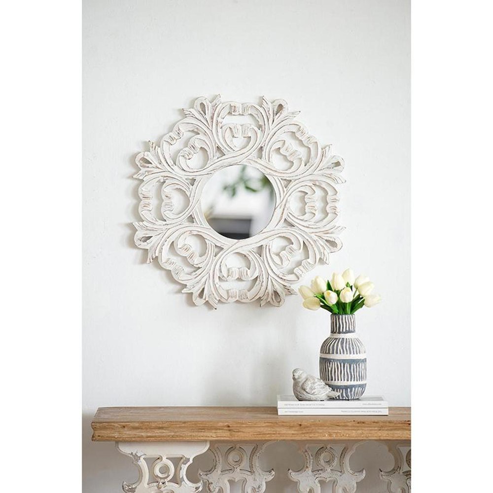 24" White Floral Scrollwork Distressed Round Framed Accent Mirror
