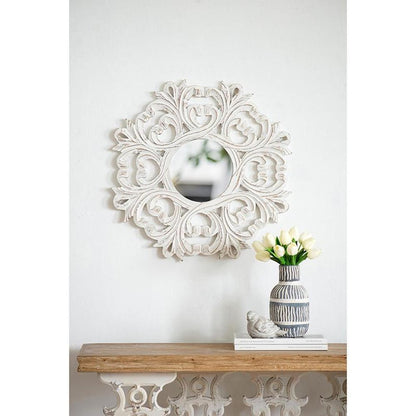 24" White Floral Scrollwork Distressed Round Framed Accent Mirror