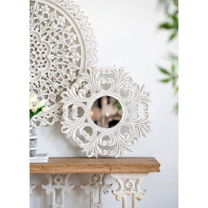 24" White Floral Scrollwork Distressed Round Framed Accent Mirror