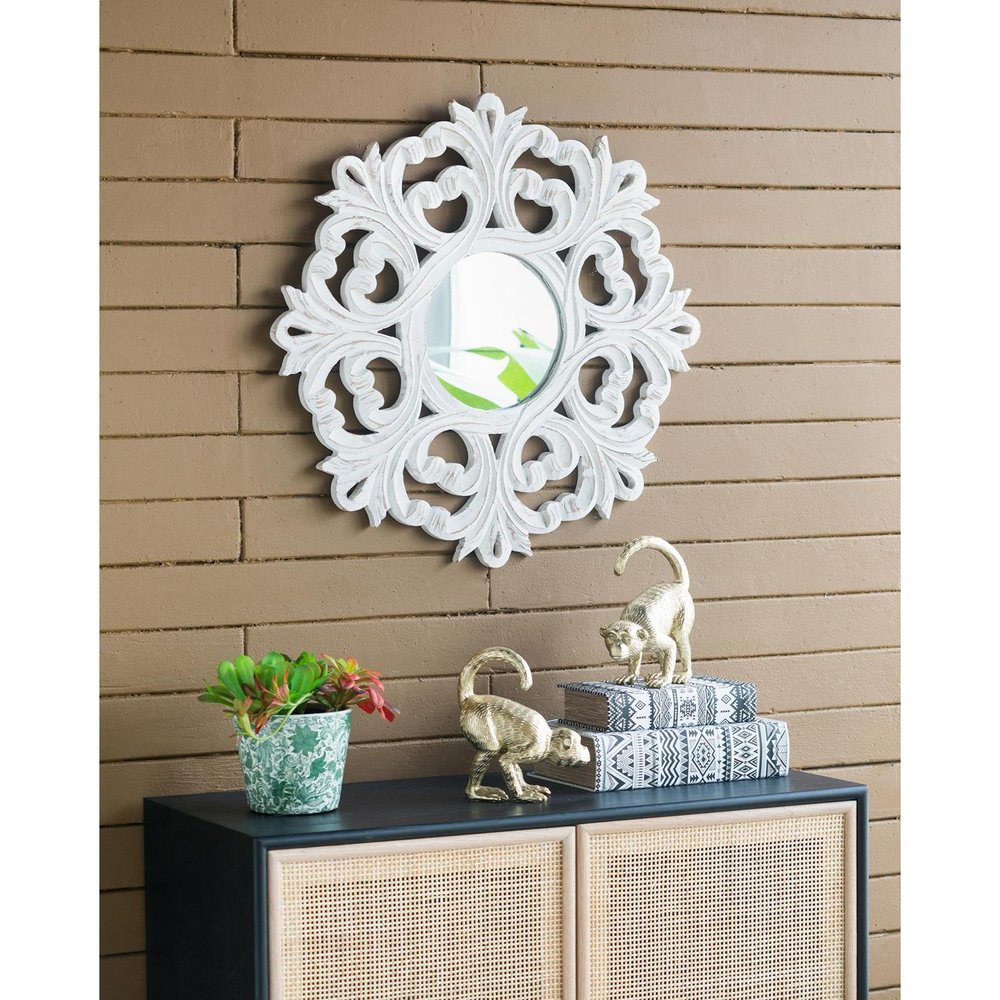 24" White Floral Scrollwork Distressed Round Framed Accent Mirror