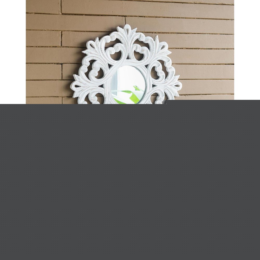 24" White Floral Scrollwork Distressed Round Framed Accent Mirror
