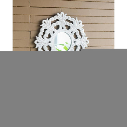 24" White Floral Scrollwork Distressed Round Framed Accent Mirror
