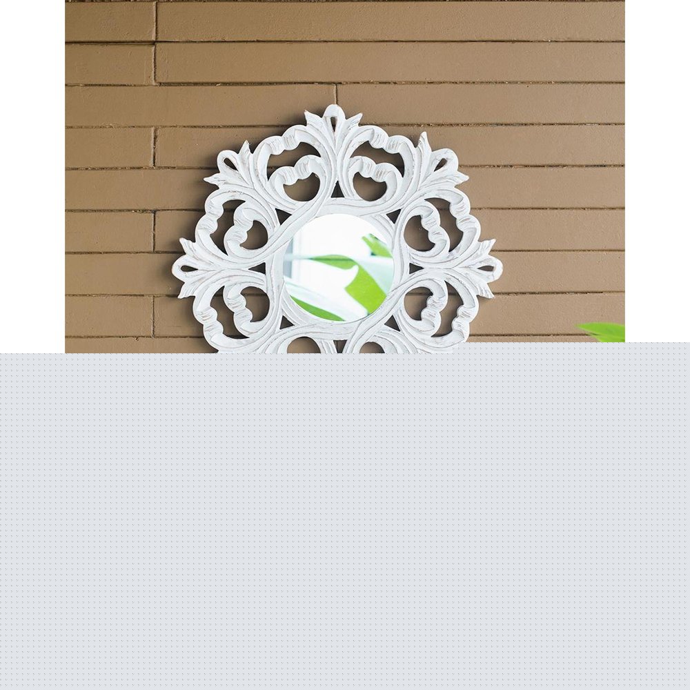 24" White Floral Scrollwork Distressed Round Framed Accent Mirror