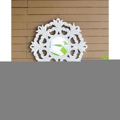 24" White Floral Scrollwork Distressed Round Framed Accent Mirror