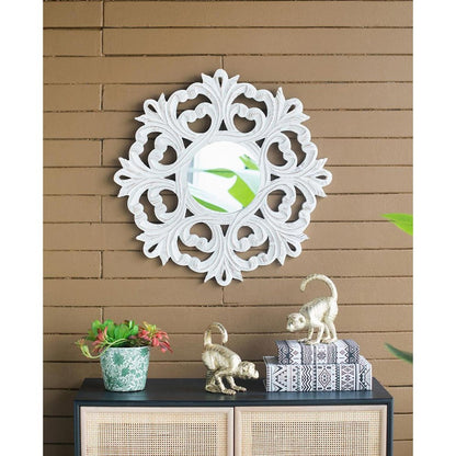 24" White Floral Scrollwork Distressed Round Framed Accent Mirror